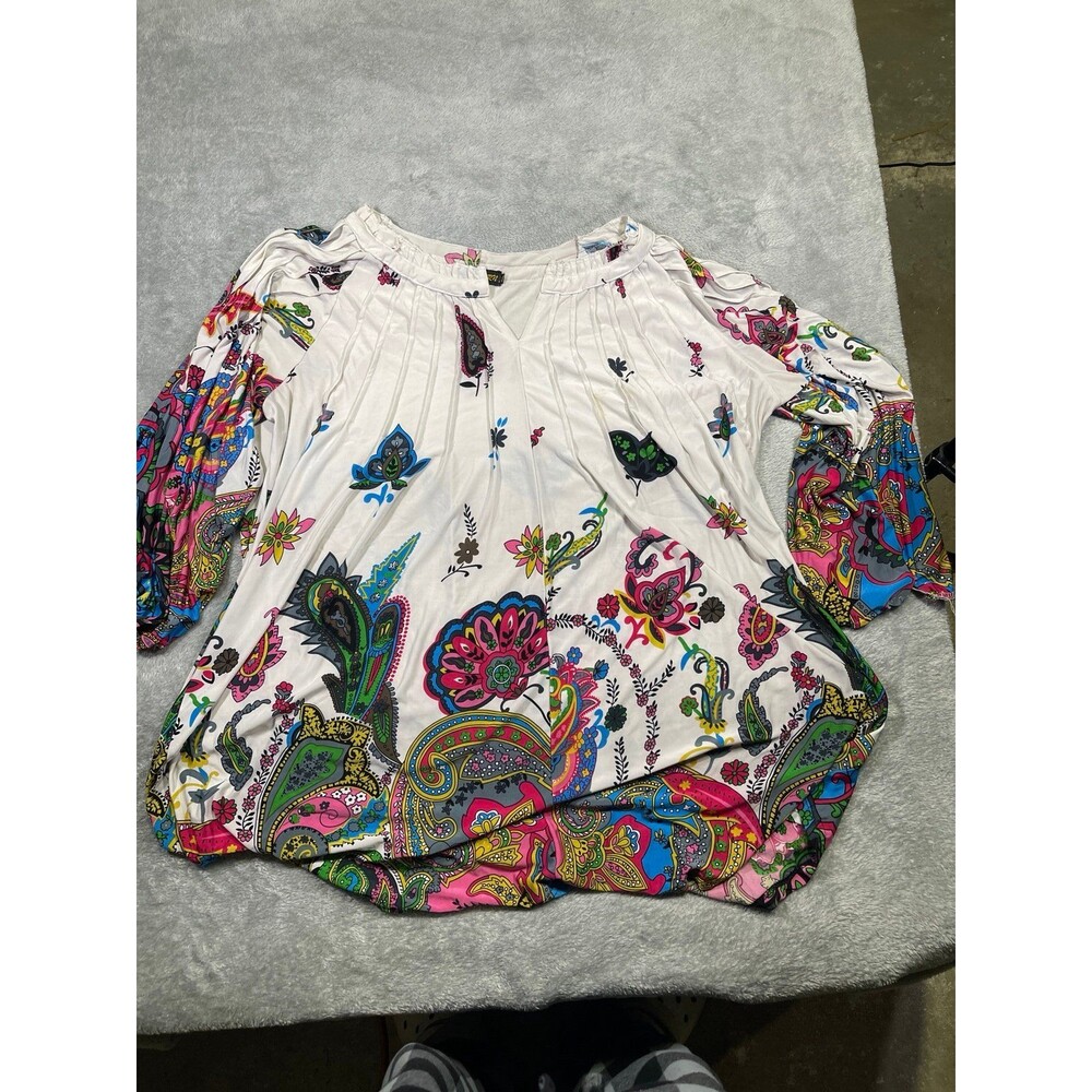 Reborn Women's 2XL White Multicolor Paisley Floral Print Tunic Top